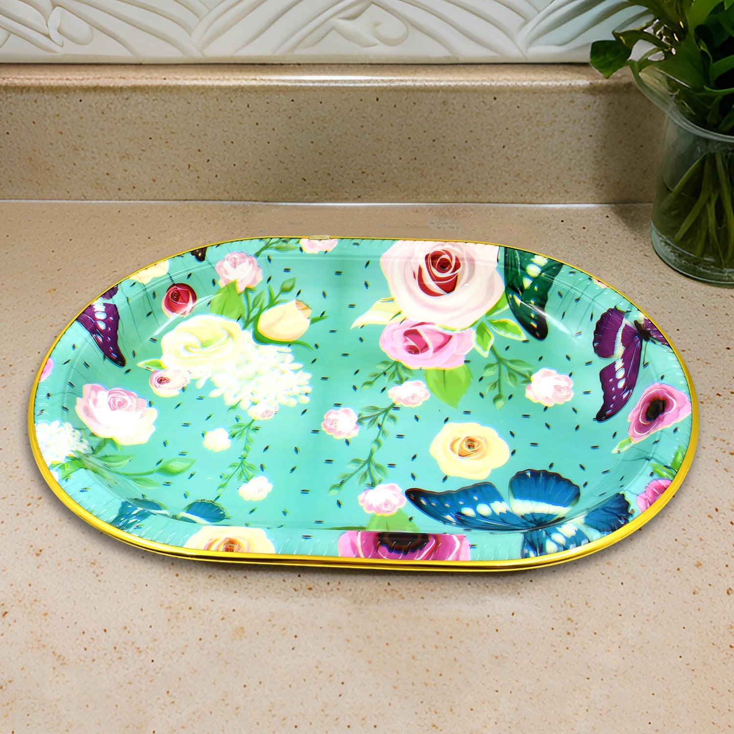 Big Plastic Flower Printed Design Serving Tray (1 Pc  35 X 24 Cm) Big Plastic Flower Printed Design Serving Tray (1 Pc  35 X 24 Cm)
